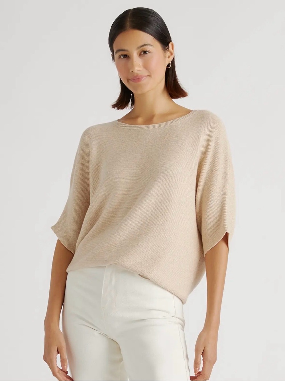 Quince Lightweight Cotton Cashmere Link-Stitch Dolman Sweater Sz XS Oatmeal